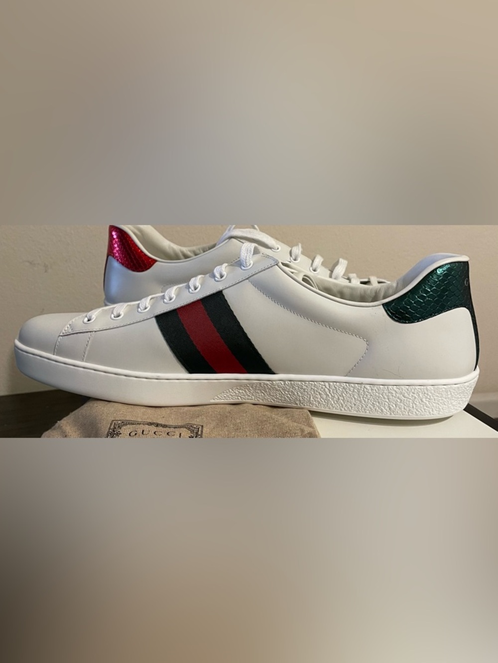 Gucci White Leather Sneakers with Red & Green Web and Embroidered Snake - Picture 2 of 8